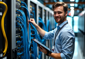 Técnico organizando cabeamento estruturado em rack de rede