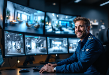Operador em central de monitoramento com múltiplas telas de CFTV